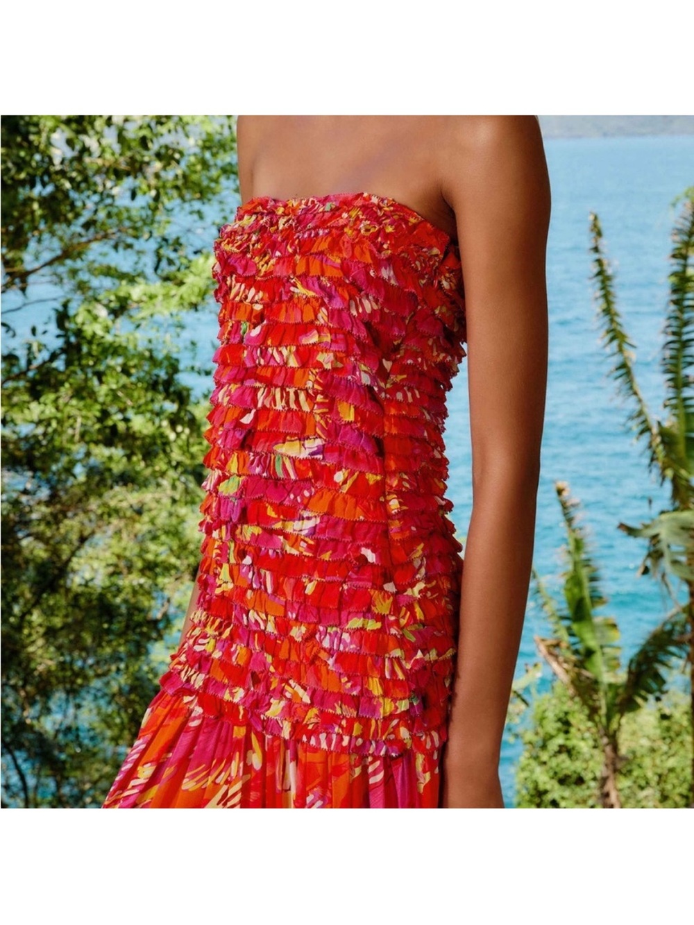 Farm Rio - NWT- Orange Flying Birds Strapless Smocked Maxi Dress - Picture 7 of 15